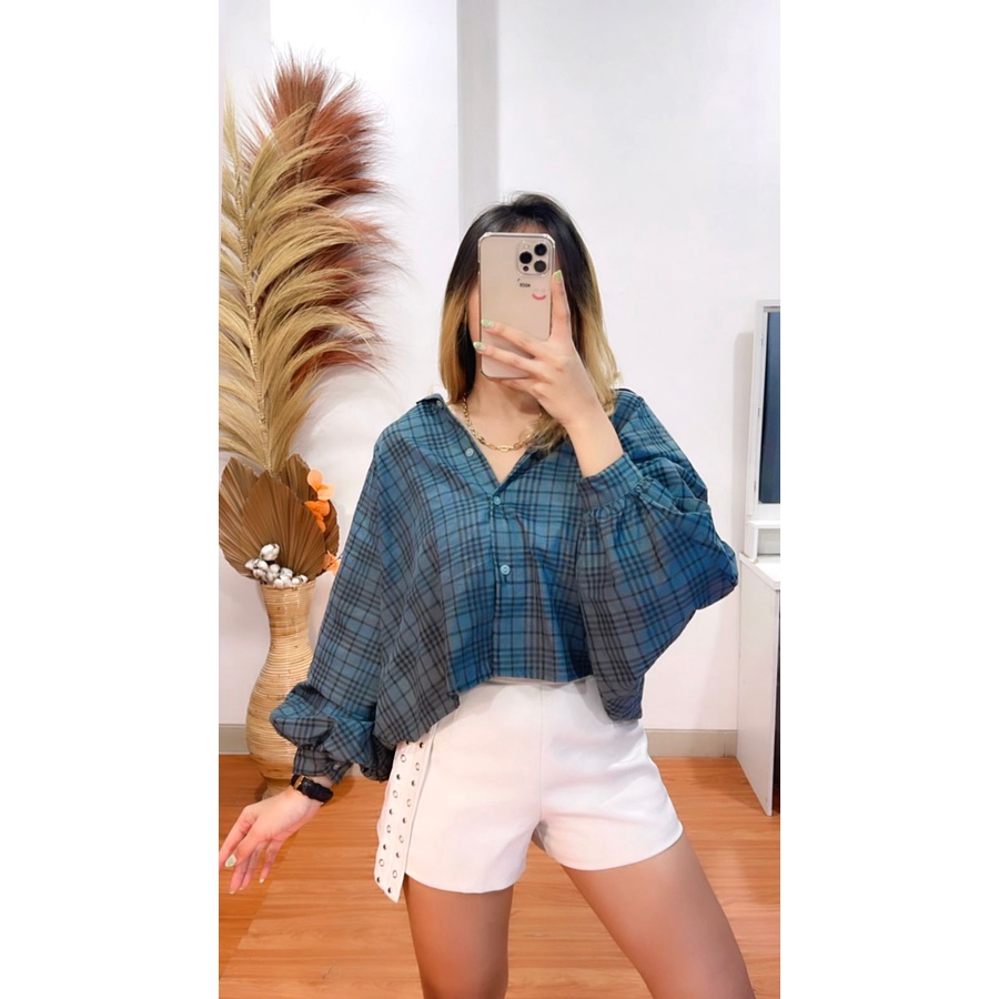 BEFAST - ZRX OOTD Kemeja Wanita MIRA / JENNIE BATWING TARTAN OVERSIZE CROP GRIDY SEMIWOOL FLANEL / Kemeja Flanel Kekiniaan / Keluaran Terbaru / Kem Motif Kotak-Kotak / Trendy / Terlaris / Kem Hangout Wanita Remaja