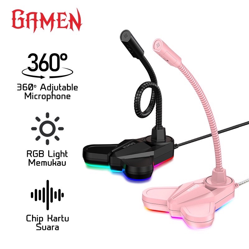 GAMEN GMH200 Gaming Microphone RGB Lightning Plug and Play Decoding Chip For Live Streaming / E-Sport / Meeting Original - Garansi 1 Tahun