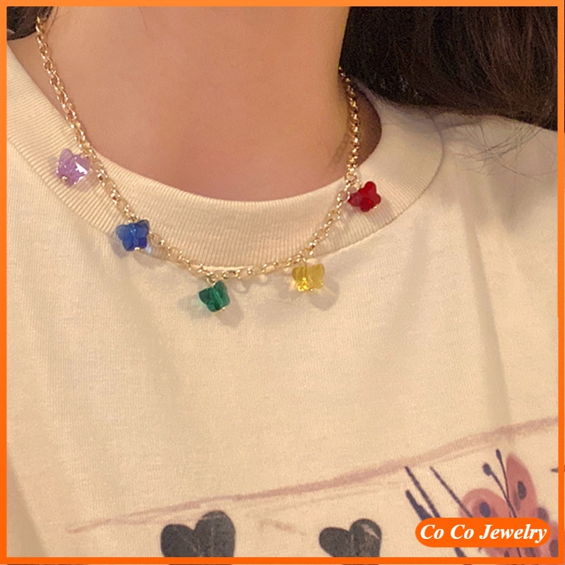 Japan and South Korea 2021 Summer New Candy Color Cute Butterfly Tassel Necklace INS Trend Simple Childlike Color Butterfly Clavicle Chain Female Fashion Accessories Jewelry Gift