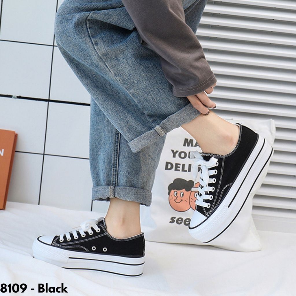 SEPATU SNEAKERS WANITA HIGHSOLE BERTALI IMPORT BATAM HITAM PUTIH REMAJA DEWASA GAUL MODERN 8109X