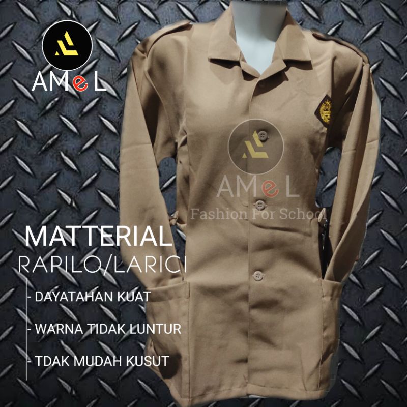Baju pramuka perempuan lengan panjang model kantong bawah ada tali(gesper) kain laricci /rapillo