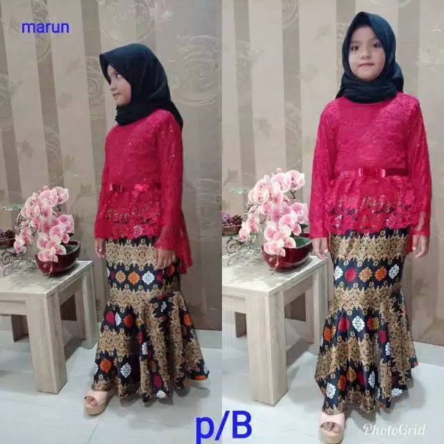 Setelan kebaya brukat anak / kebaya aurora anak / navy / maroon / gold / abu / cream / fanta / dusty