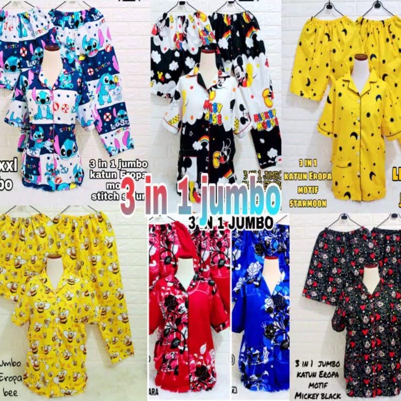 BAJU TIDUR WANITA / SETELAN PIYAMA WANITA CANTIK KATUN MOTIF KEKINIAN 3IN1 JUMBO XXL