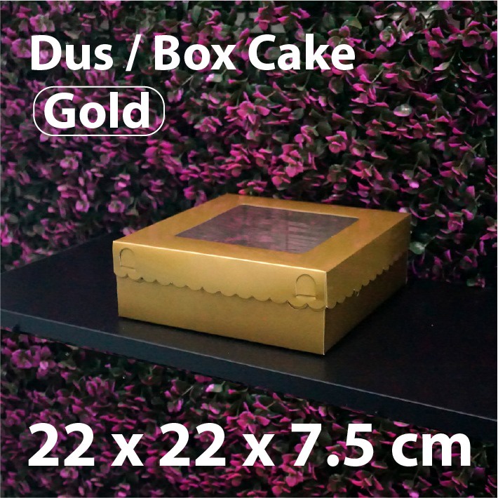 (Bekasi) Dus Emas 22 x 22 x 7.5 cm dengan Mika - Box Kue - Gold Cake Box