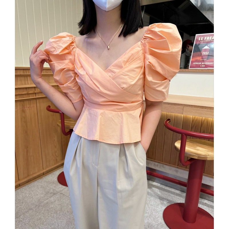 #Sisjuly # Wanita Baru Gaun Musim Panas Perancis Retro Romantis Cross V-Neck Lengan Puff Ruffle Slim
