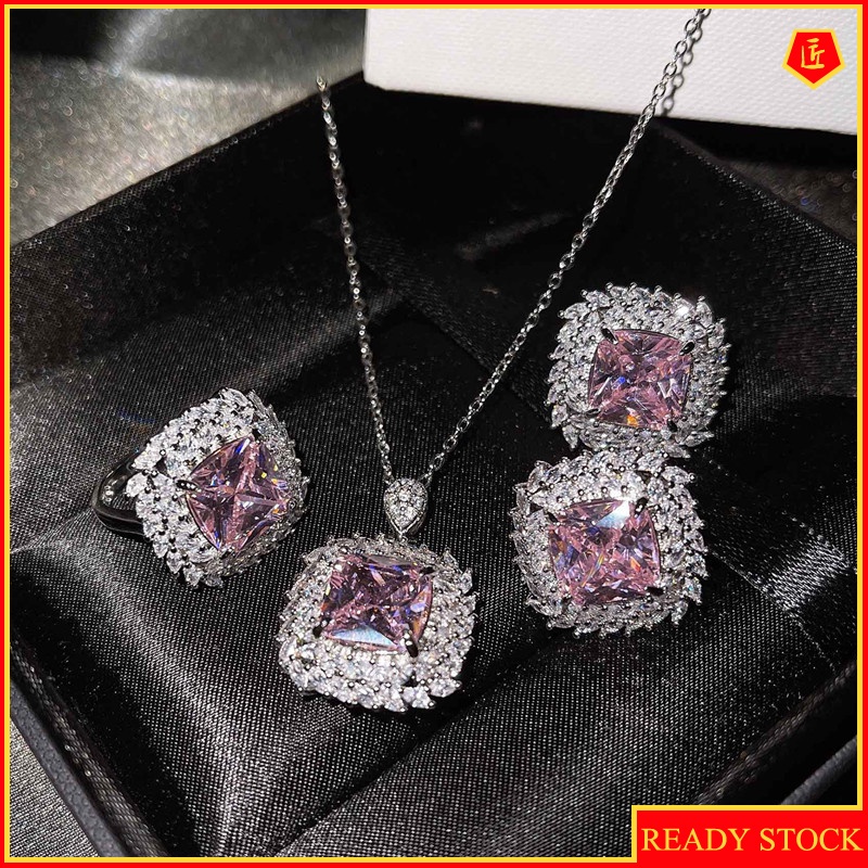 [Ready Stock]New Luxury Colored Gems Necklace Set Rings Ear Stud