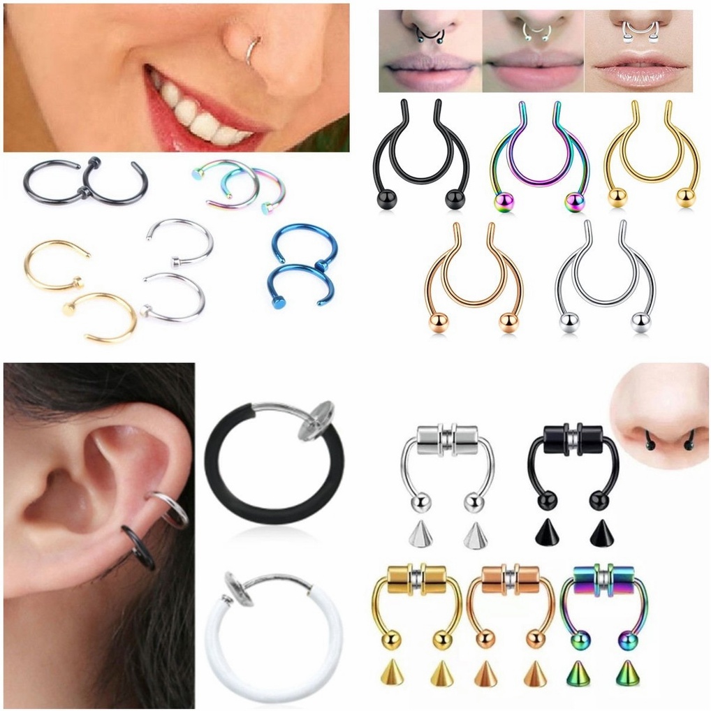 Cincin Tindik Hidung Palsu Bentuk U Bahan Stainless Steel Magnet Gaya Punk Rock Fashion Korea COD