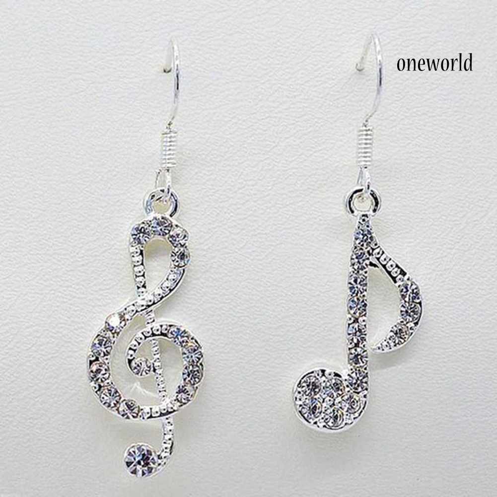 OW@ Fashion Women Rhinestone Inlaid Treble Music Note Charm Dangle Hook Earring