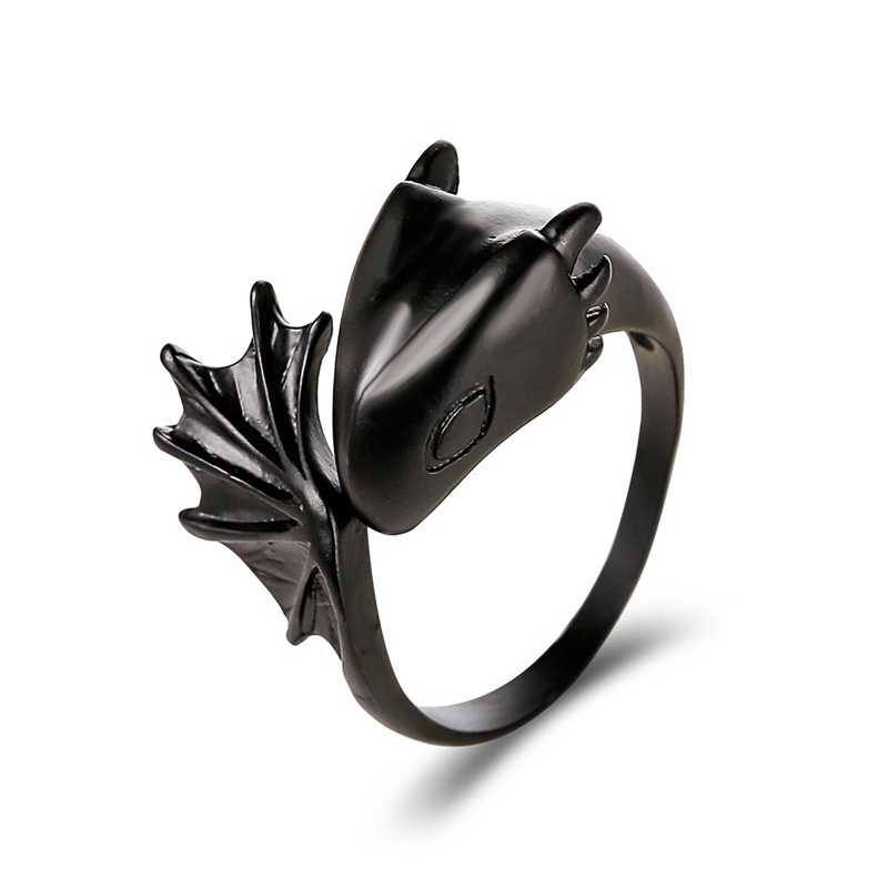 Cincin Model Terbuka Desain pterosaur Warna Hitam Gaya Gothic Untuk Pasangan