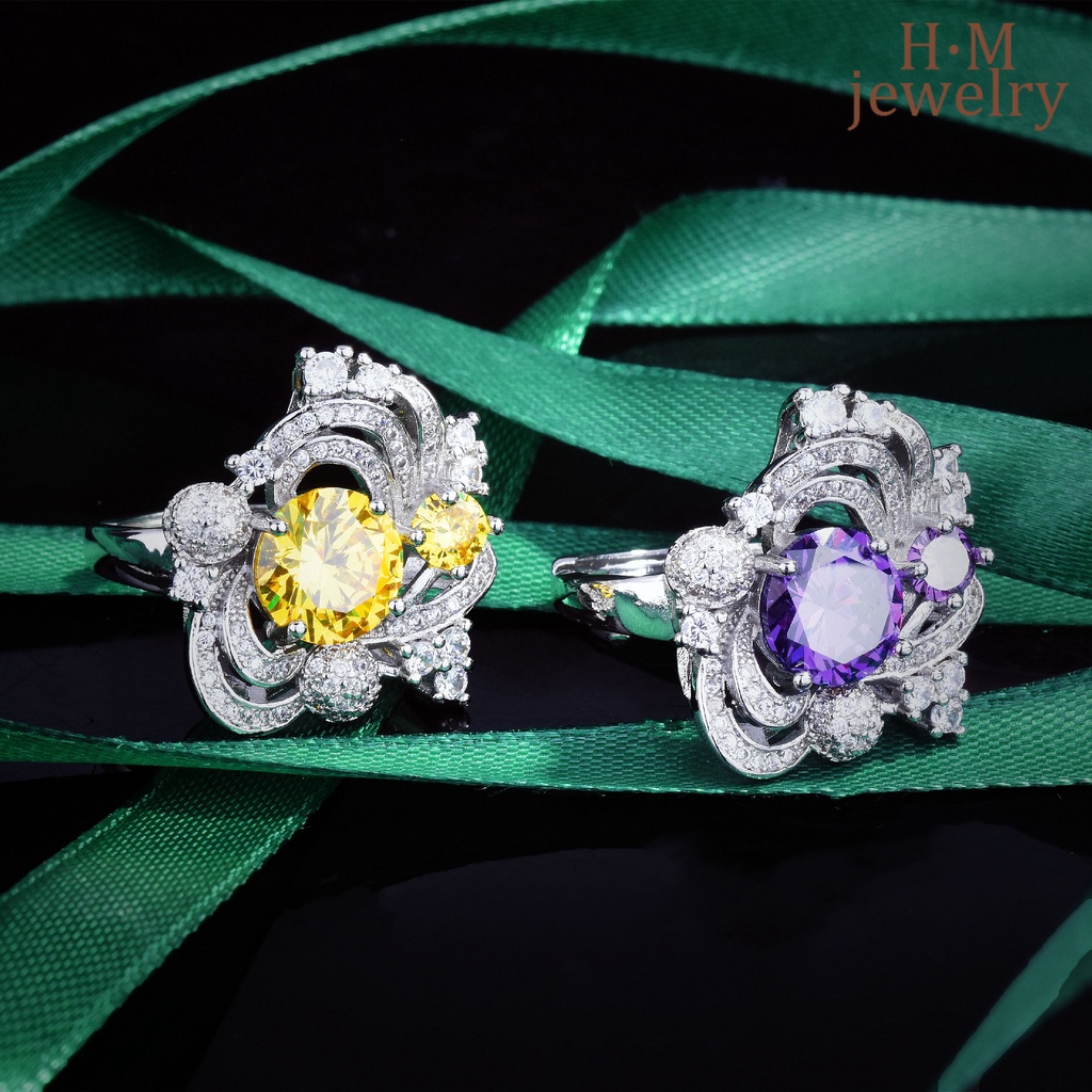 Cincin Berlian Amethyst Ascut Warna Kuning Model Terbuka