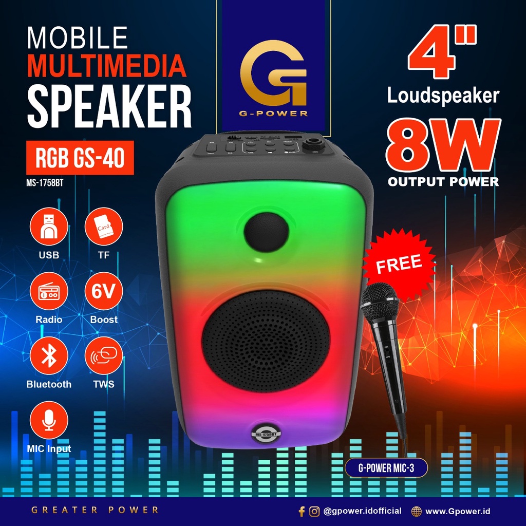 Gpower MS-1758BT Speaker Bluetooth 4inch