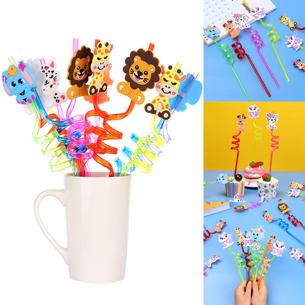 R-FLOWER 1 Pcs Sedotan Plastik Kartun Happy Birthday Perlengkapan Pesta Dekorasi Pesta Reusable