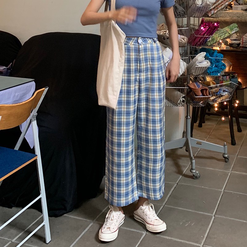 Celana Panjang Model Lurus Lebar Longgar Motif Kotak-Kotak Ada untuk Wanita