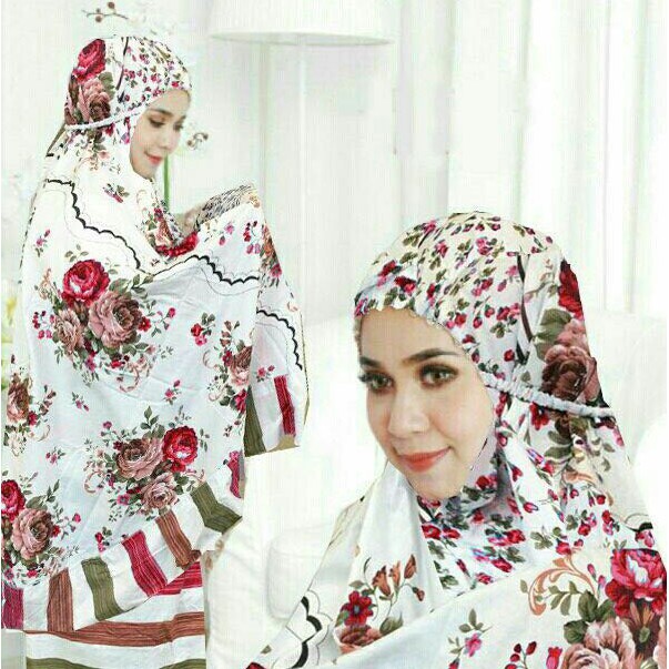 SALE  Mukena Astrid (Motif Bunga Tas Bahan Katun Jepang Warna Putih Merah)