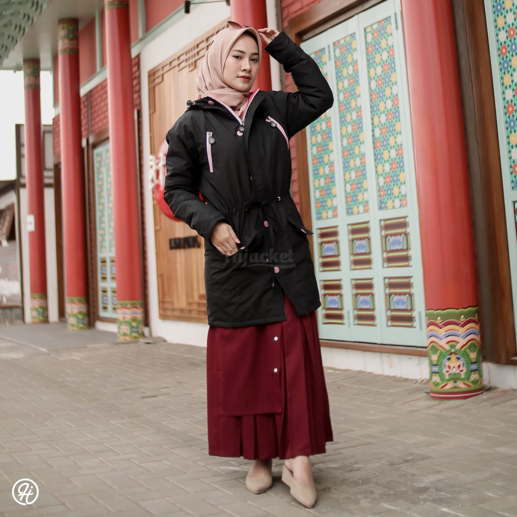 Jaket Parka Wanita Hijacket Montix Black Size L XL XXL Hoodie Waterproof Muslimah Premium-4