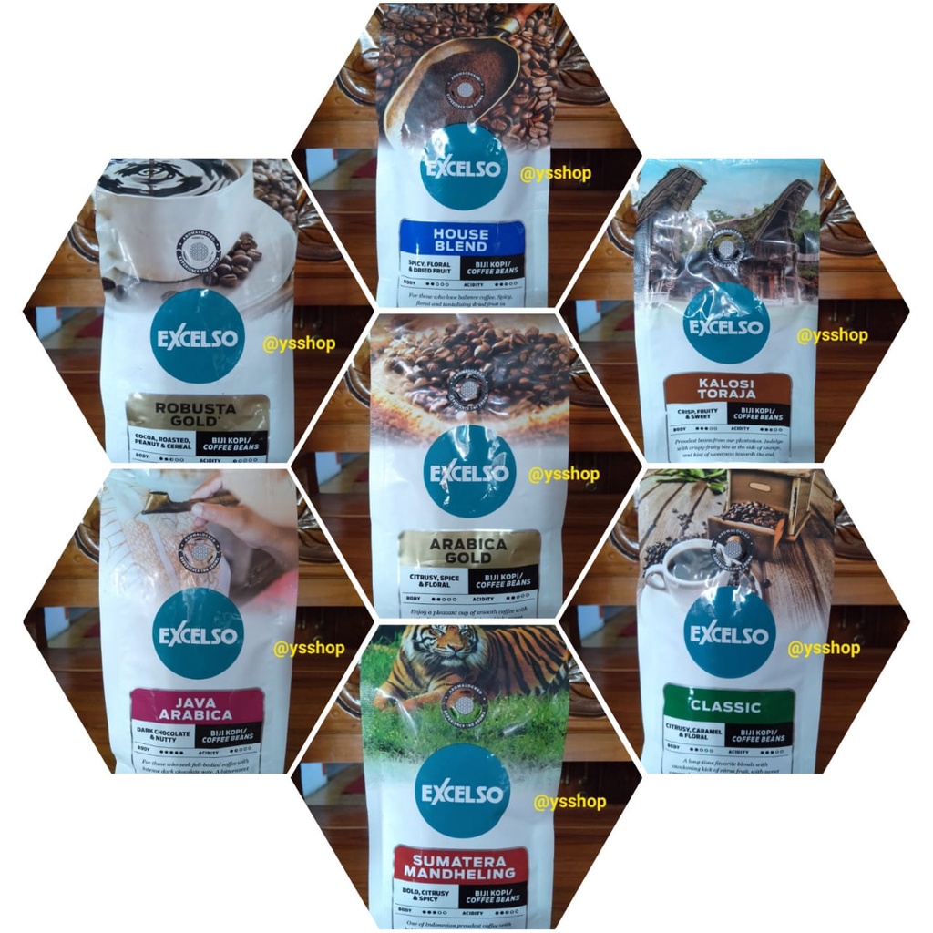 

Excelso Biji Kopi Robusta Java Arabica Gold House Blend Kalosi Toraja Sumatera Mandheling Classic