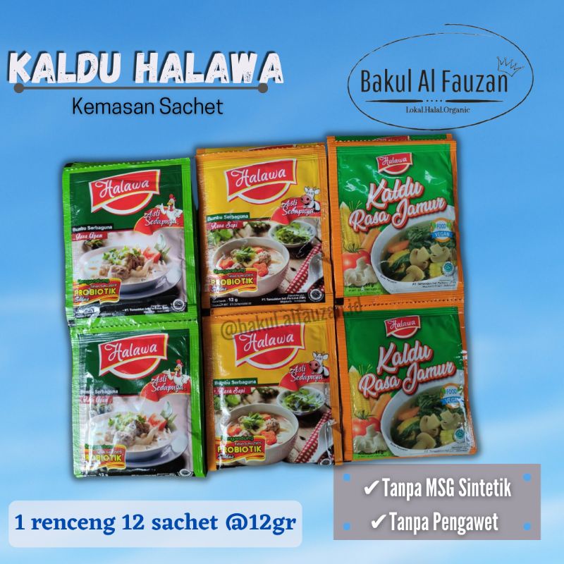 

1 pack (24sachet) Kaldu Halawa | Kaldu Ayam | Kaldu Sapi | Kaldu Jamur | Penyedap Rasa Non MSG sintetik