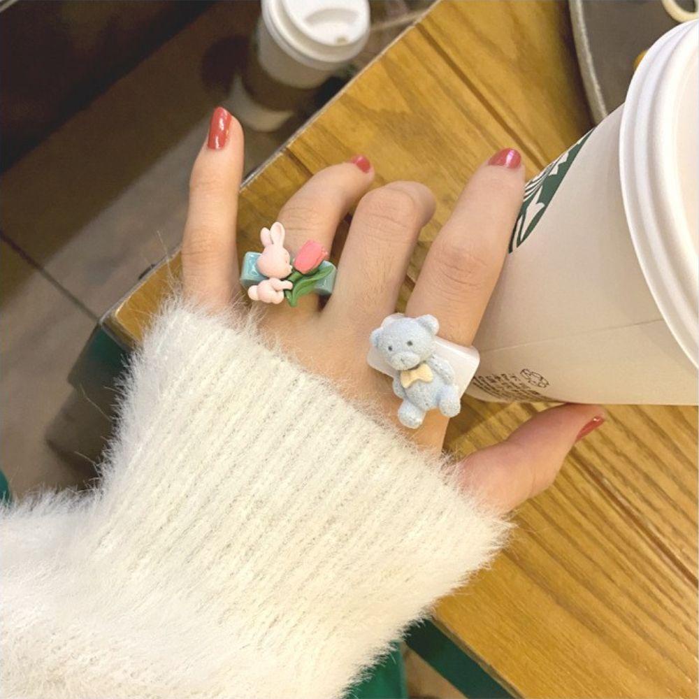NEEDWAY Cincin Jari Lucu Manis Fashion Match Pesta Perhiasan Akrilik Vintage Gaya Korea Ring