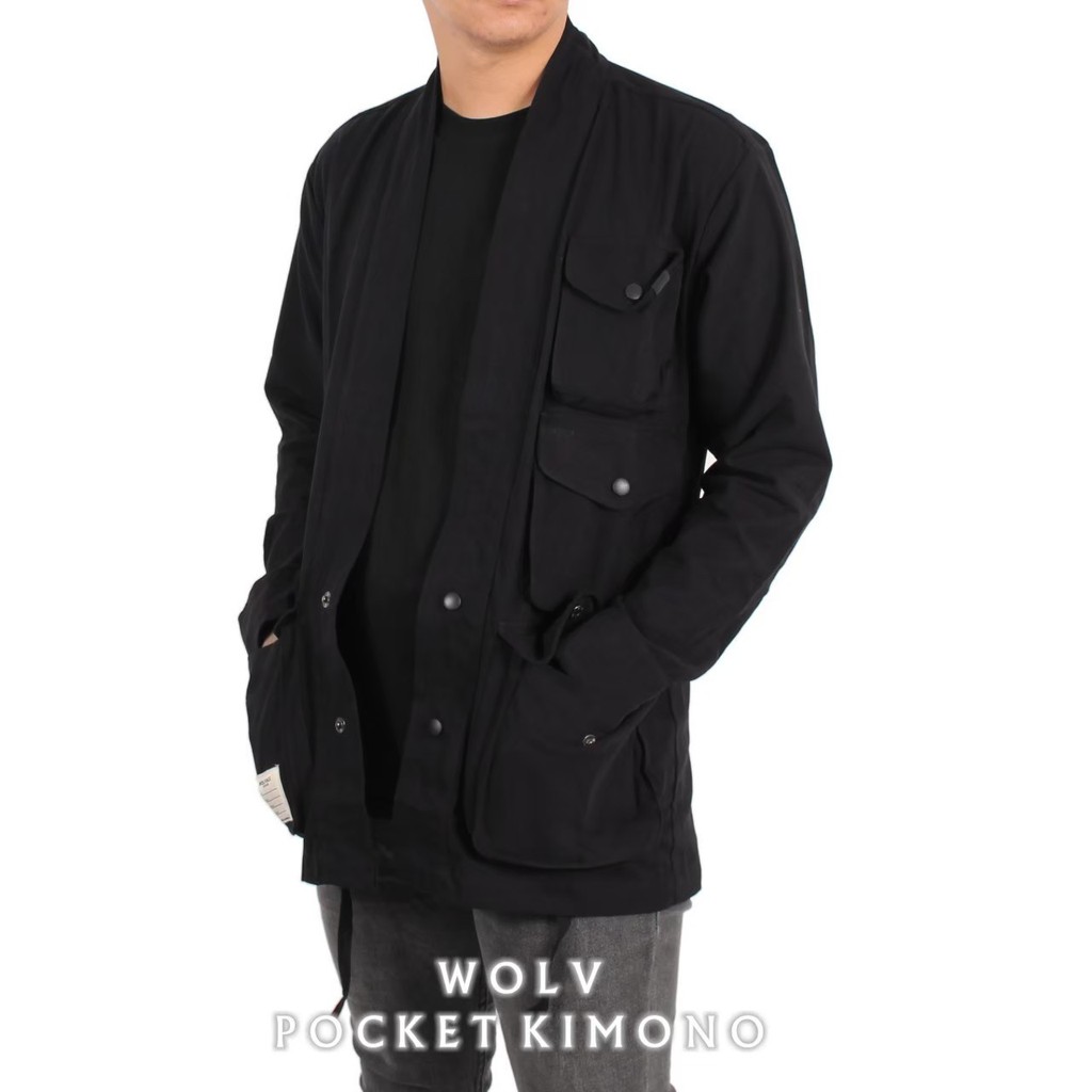 WOLV ORIGINAL KIMONO KEMEJA POCKET Pakaian pria canvas kemeja kimono warna HITAM seri art KMS301