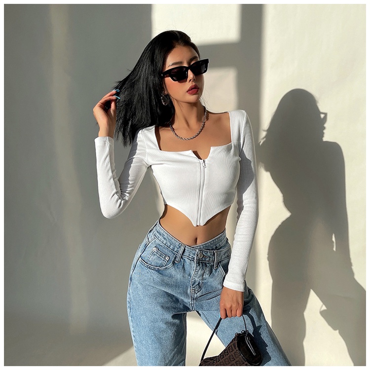 【AMY J】Square Neck Long Sleeve Zip Up Hanky Hem Crop Top 7062 （S/M/L）