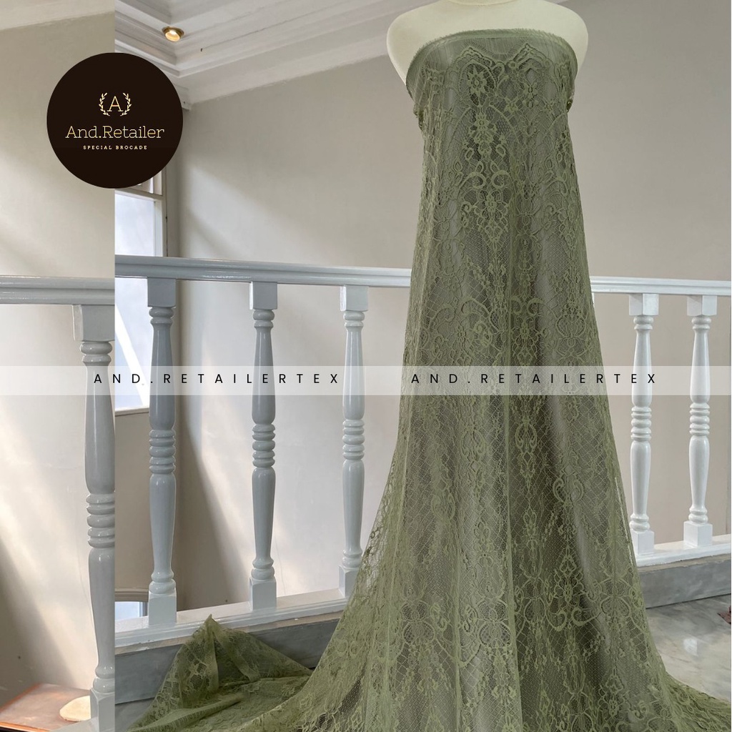 Bahan Kebaya Brokat Semi France Lace Chantily Shantily Katun Per panel 2,5m Warna Matcha Green tea