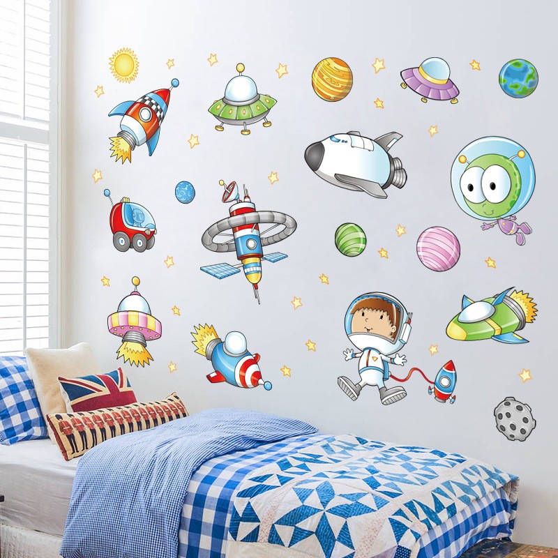 Reliza Wall Sticker Space Ship Planet Luar Angkasa Astronot Stiker Dinding LDR