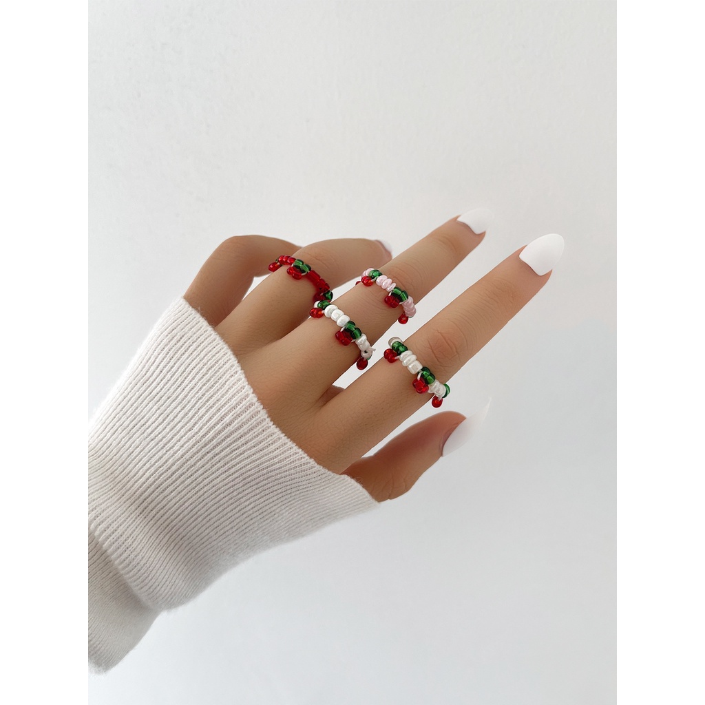 Eropa dan Amerika baru gaya pastoral buah cherry manik warna wanita cincin Wanita 4-piece set