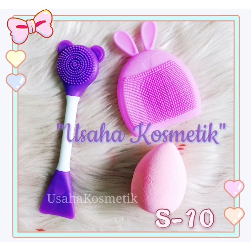 PROMO PERPACK!! PAKET SET ALAT CUCI MUKA SILIKON+SPATULA MASKER+BEAUTY BLENDER PAKET 3 IN 1 HEMAT BEST SELLER NO. S-9/S-10/S-11