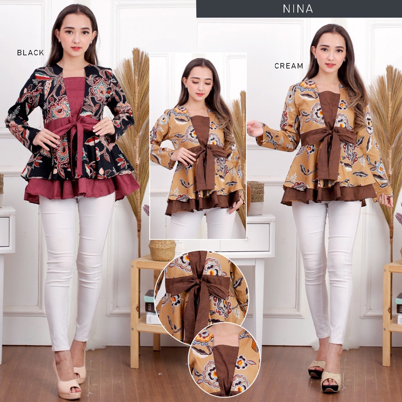 Evercloth Nina Atasan Batik Lengan Panjang Pinggang Pita Kemeja Batik Panjang Blouse Batik Wanita