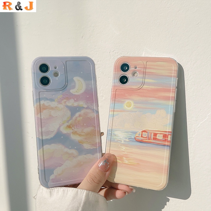 Gradient Sunset Train Sky Oil Painting Pattern Casing For iPhone 13 Pro Max iPhone 12 Pro iPhone11 6S 7 8 Plus X Xr Xs Max Soft Silicone Phone Case Cover R&amp;J