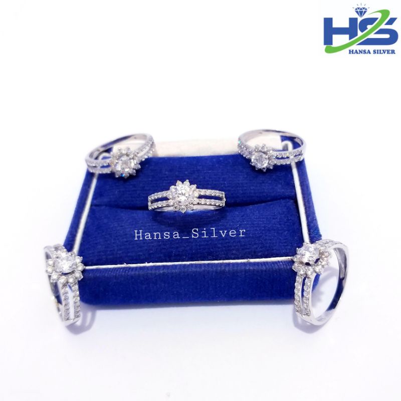 Cincin Model Bunga Perak Asli Silver 925 Lapis Emas Putih Permata Putih - Cincin Wanita Anti Karat