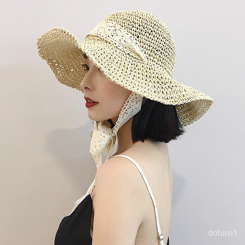 Bucket Hat Korean Foldable Handmade Straw Hat Summer Lace Strap Big Brim Seaside Sun Hat Sun Holiday