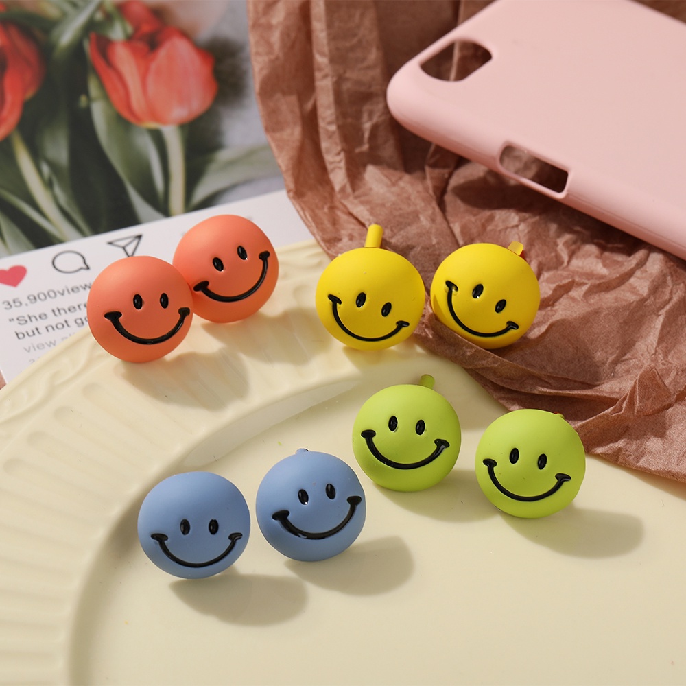 Anting Stud Geometris Desain Smiley Warna Macaron Gaya Korea Untuk Wanita