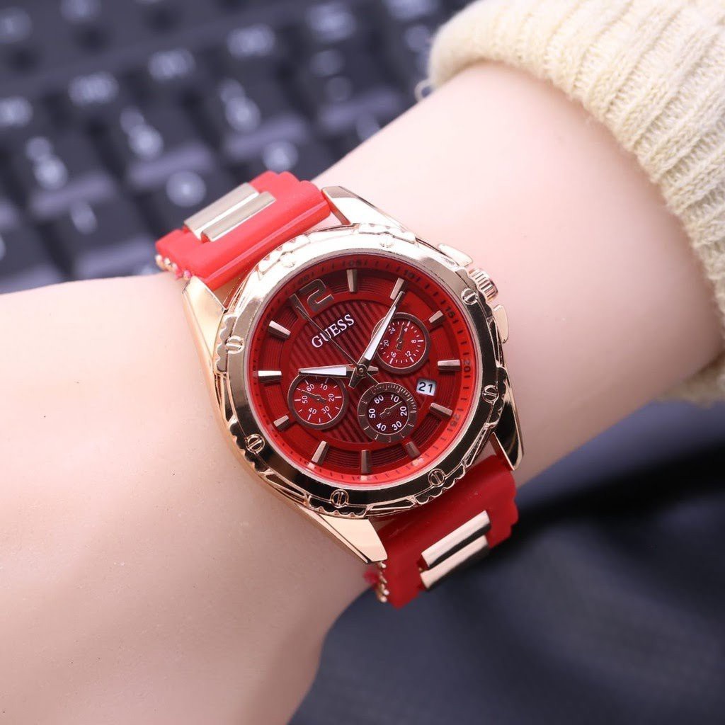 GUESS - GROSIRAN JAM TANGAN FASHION WANITA G7-6559 ANALOG TALI RUBBER TANGGAL AKTIF CHRONO VARIASI FREE BOX & BATERAI || GROSIRAN JAM TANGAN WANITA TERLARIS ( BISA UNTUK KADO ) JAMINAN HARGA GROSIR !!! GARANSI 6 BULAN (COD)-Merah