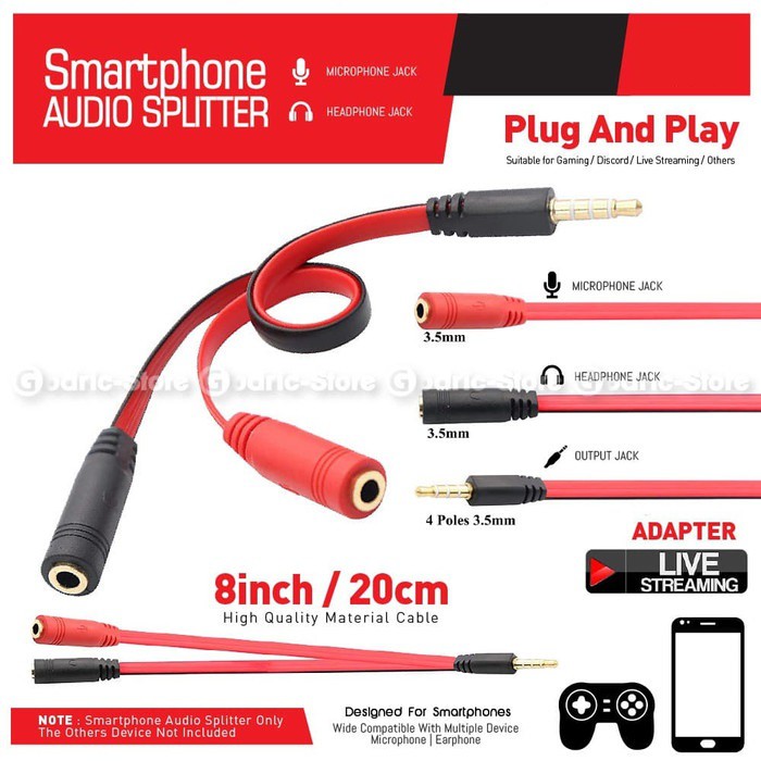 Audio Splitter 3.5mm to Mic &amp; Headphone Jack 20 CM Smartphone HP Kabel Adapter