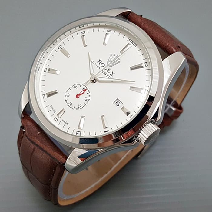 Jam Tangan Pria / Cowok Rolex Automatic Big Size Leather Brown Silver Army
