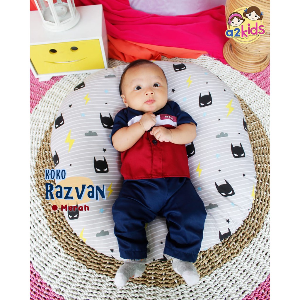 BAJU BAYI KOKO MERAH - BAJU KOKO MUSLIM ANAK LAKI-LAKI SET RAZVAN BABY - A2 KIDS