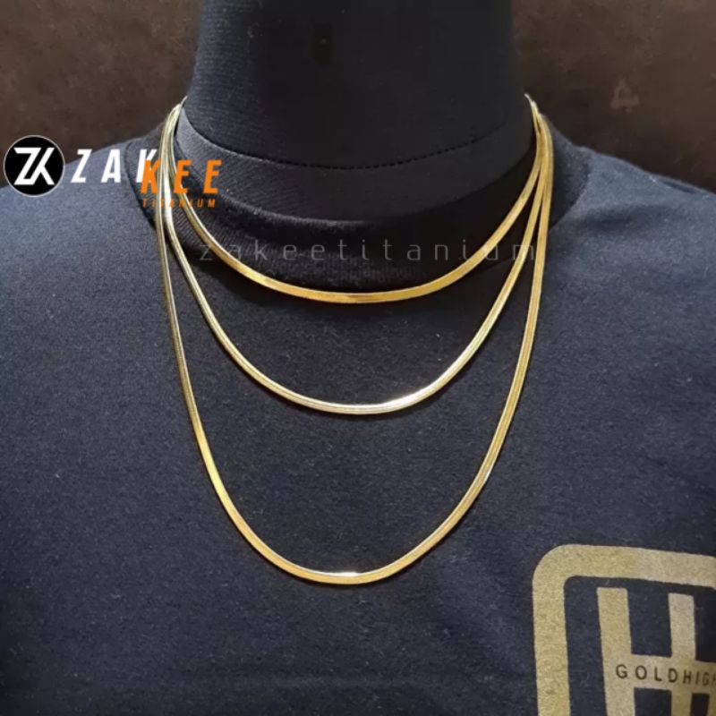 Kalung Emas Pria Wanita Titanium Anti karat Cowok Cewek Keren Simpel Gepeng Pipih Gold Mas Panjang 45cm 50cm 60cm