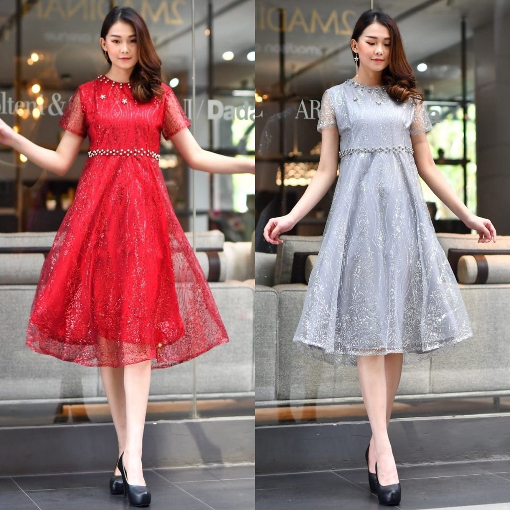 Dress Tulle Tangan Pendek / Midi Dress Edisi Natal / Aneka Pilihan Warna