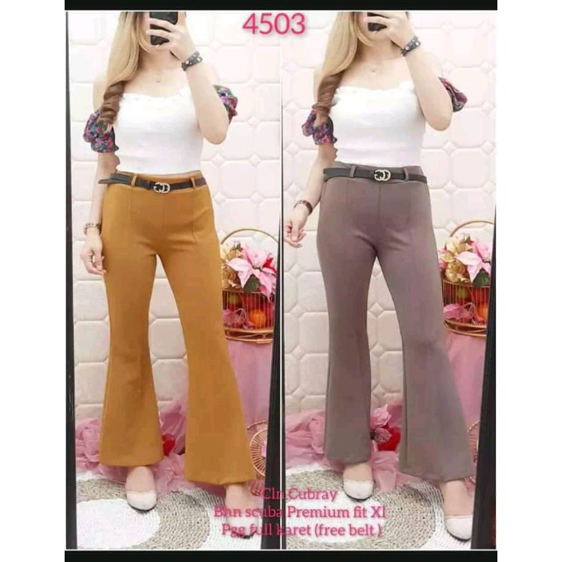 Flare Pants Lyn - Celana Cutbray Scuba Polos Premium Free Belt Outfit Wanita Kantor Kekinian