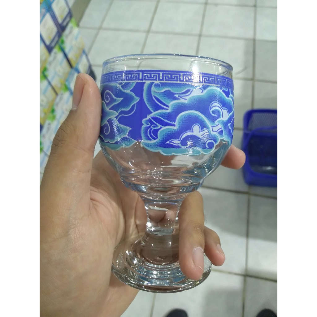 Gelas  Kaki Kaca Set Isi 5 Pcs The Bluish Wave Kedaung Unik Besar Panjang Murah Untuk Lebaran Keluar