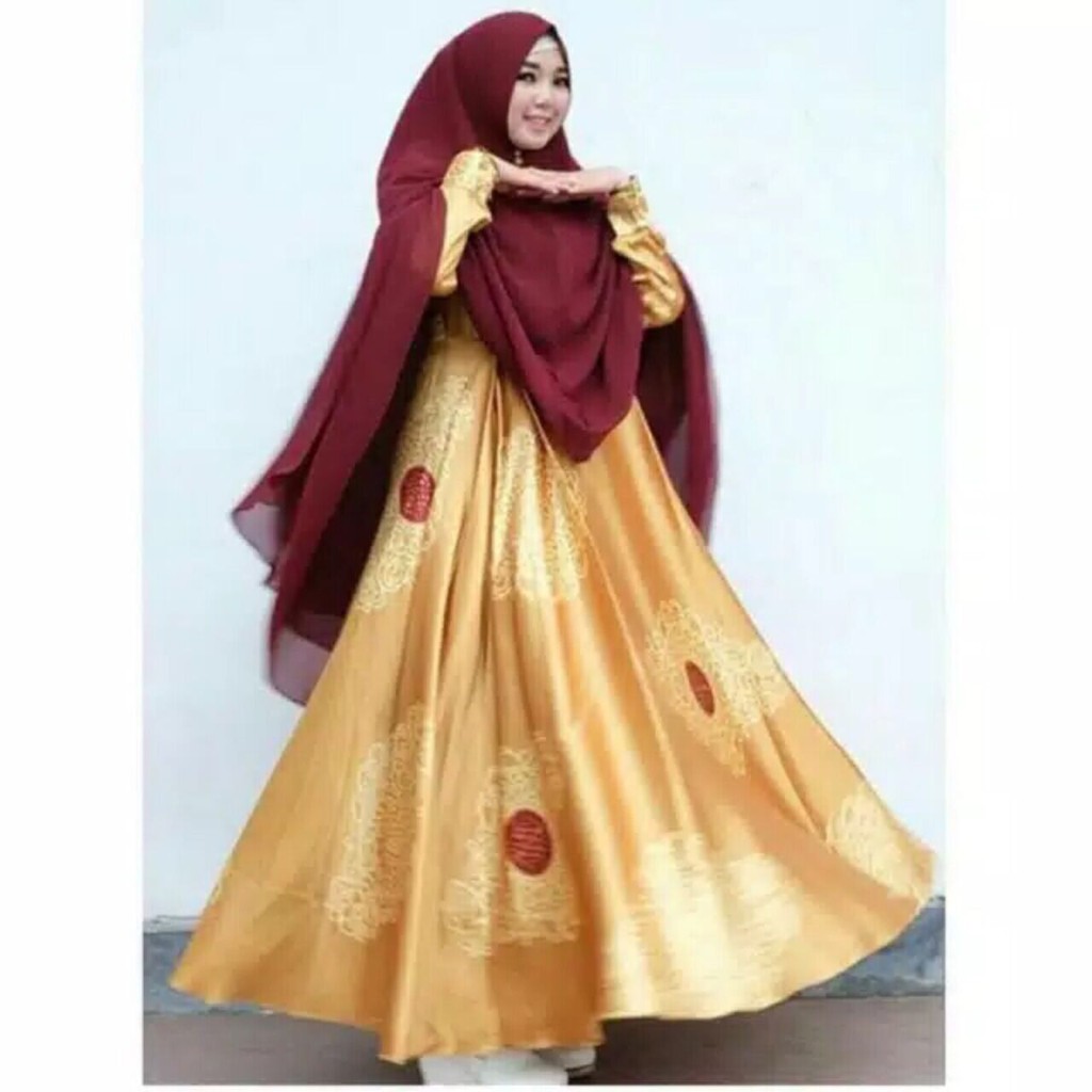 GAMIS SYARI ELEGANCY GOLD DENGAN KHIMAR MAROON