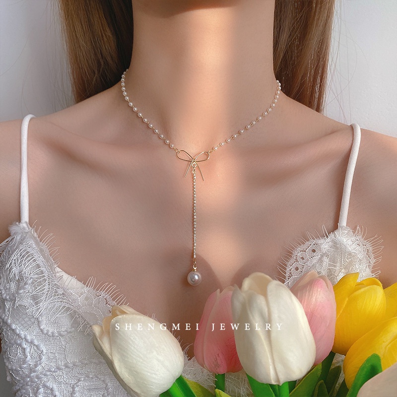 YEEZII Kalung Rantai Choker Hias Liontin Kupu-Kupu Hati Kristal Mutiara Warna Emas Perak Untuk Wanita