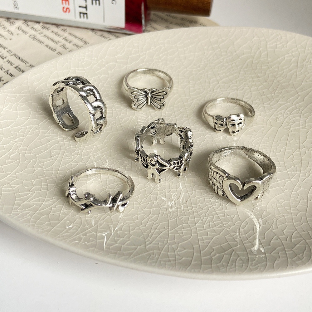 【COD Tangding】6pcs / Set Cincin Silver Joint Model Kupu-Kupu Hati Gaya Retro Kuno Untuk Aksesoris Perhiasan