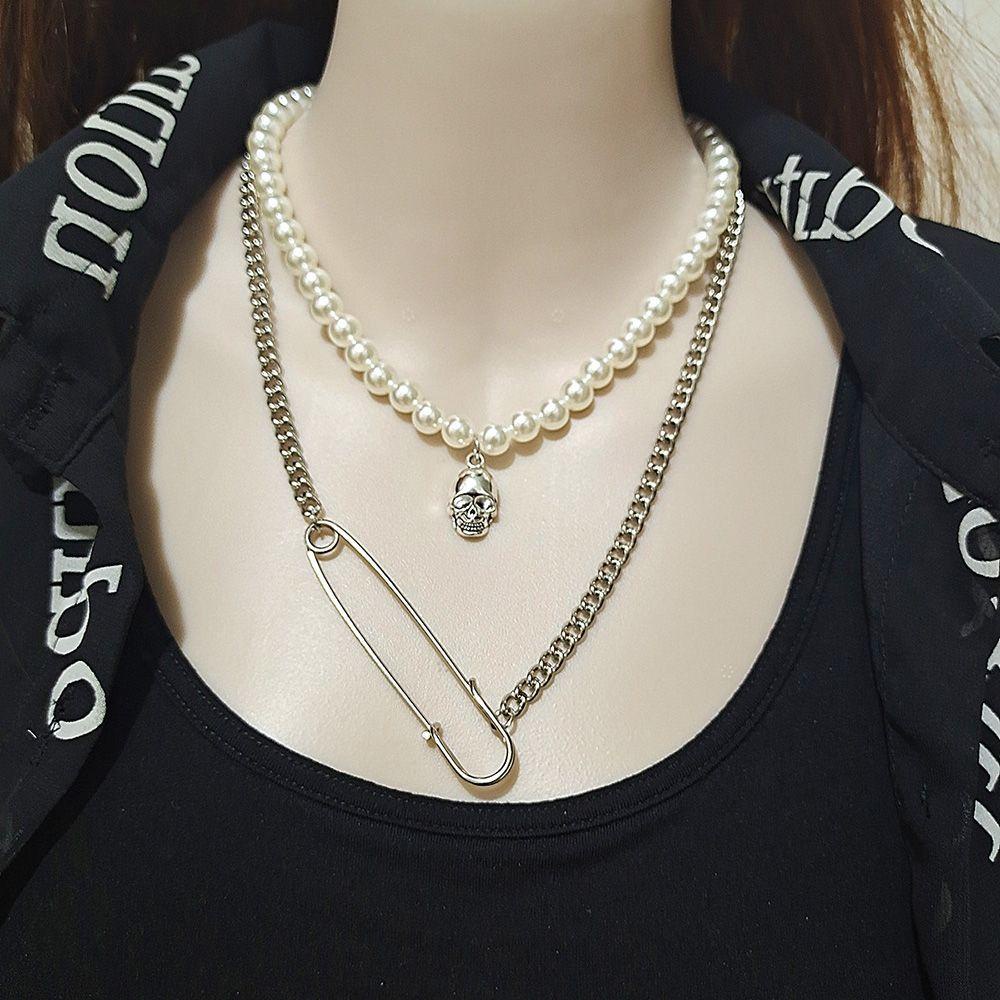 Preva Kalung Tengkorak Mutiara Fashion Pria Melompat Di Rantai Punk Perhiasan Menarik Choker
