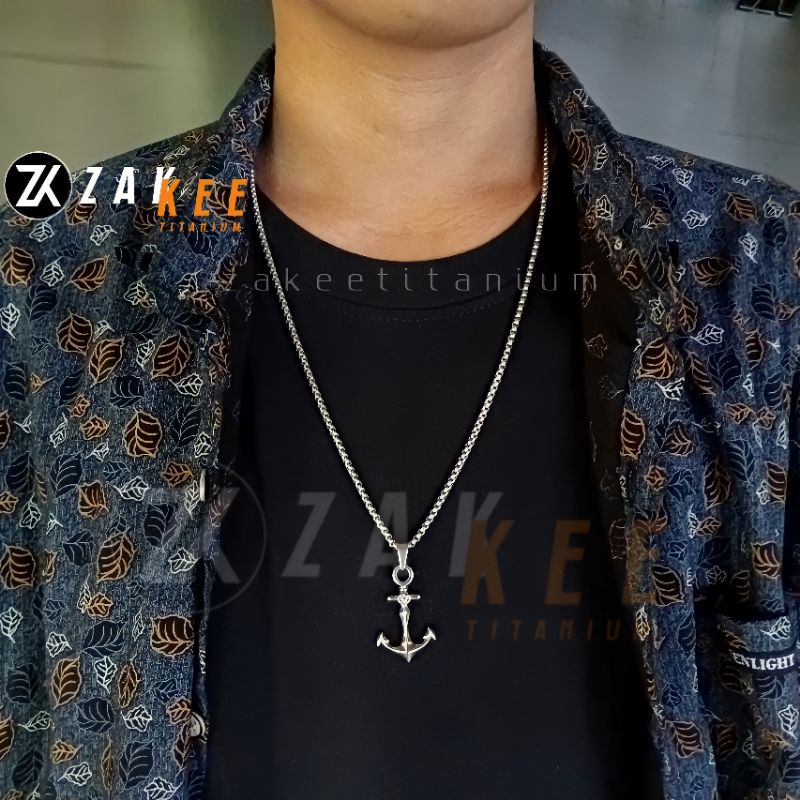 Kalung Titanium Pria Wanita Anti Karat Rantai Liontin Jangkar Silver Perak Rante Cowok Cewek Keren Real