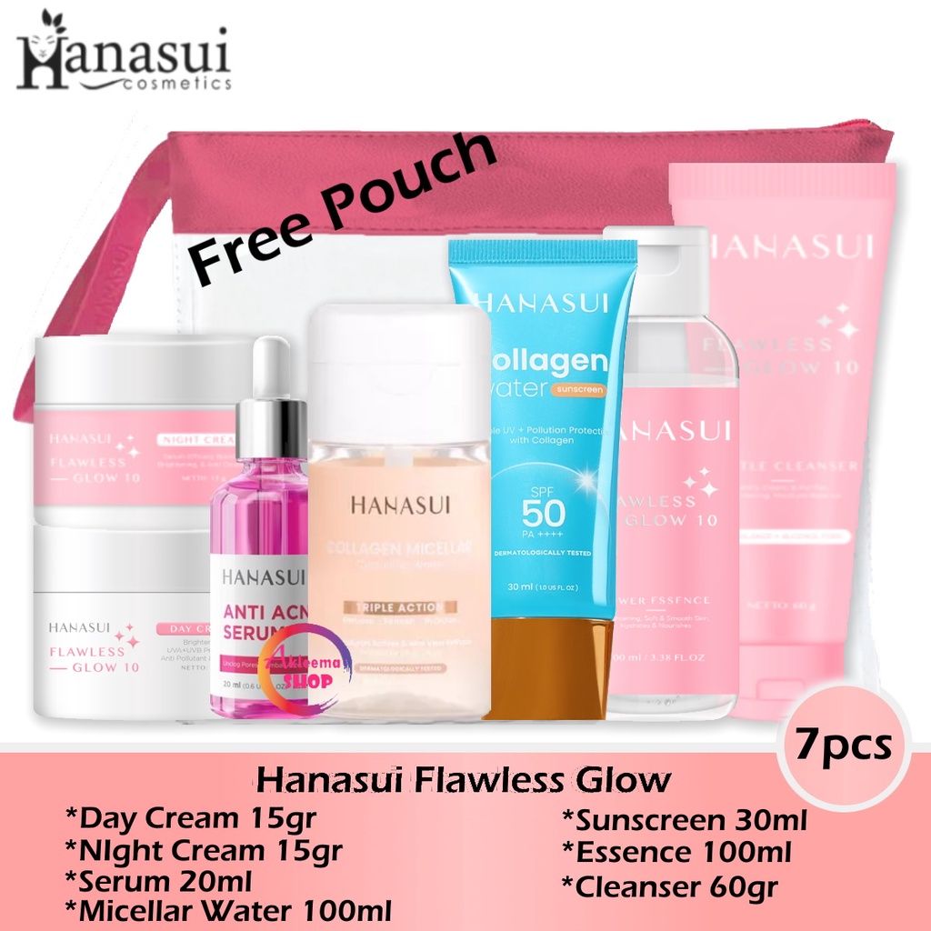 Paket Hanasui Flawless Glow 7pcs (day cream 15gr+night cream 15gr+serum pink 20ml+Micellar 100ml+essence 100ml+cleanser 60gr+Sunscreen 30ml)