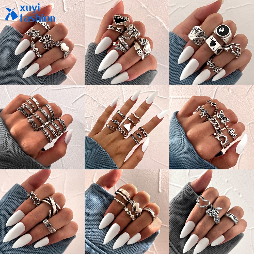 Retro Cincin Set Kupu-kupu Perak Fashion Berbentuk Hati Ular Wanita Perhiasan Aksesoris