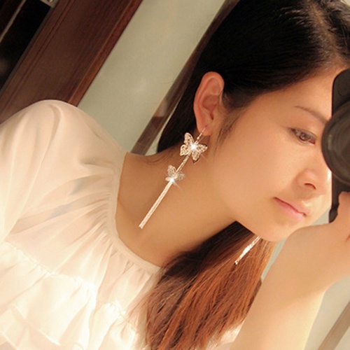 Hu Hu Hu Hu Hu Alat Bantu Pasang Kacamata♡ Anting Kait Gantung Panjang Wanita Model Butterfly Rumbai Lapis Ganda Hias Berlian Imitasi