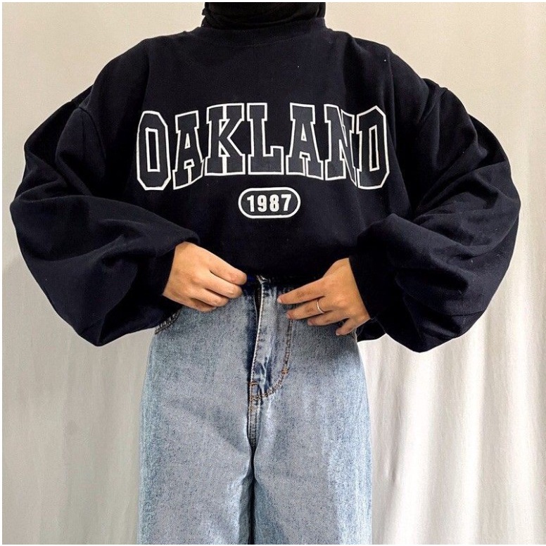 CROP OVERSIZE SWEATER WANITA OAKLAND // CREWNECK CROP WANITA SIZE XL FLEECE TEBAL LEMBUT PREMIUM TERBARU,